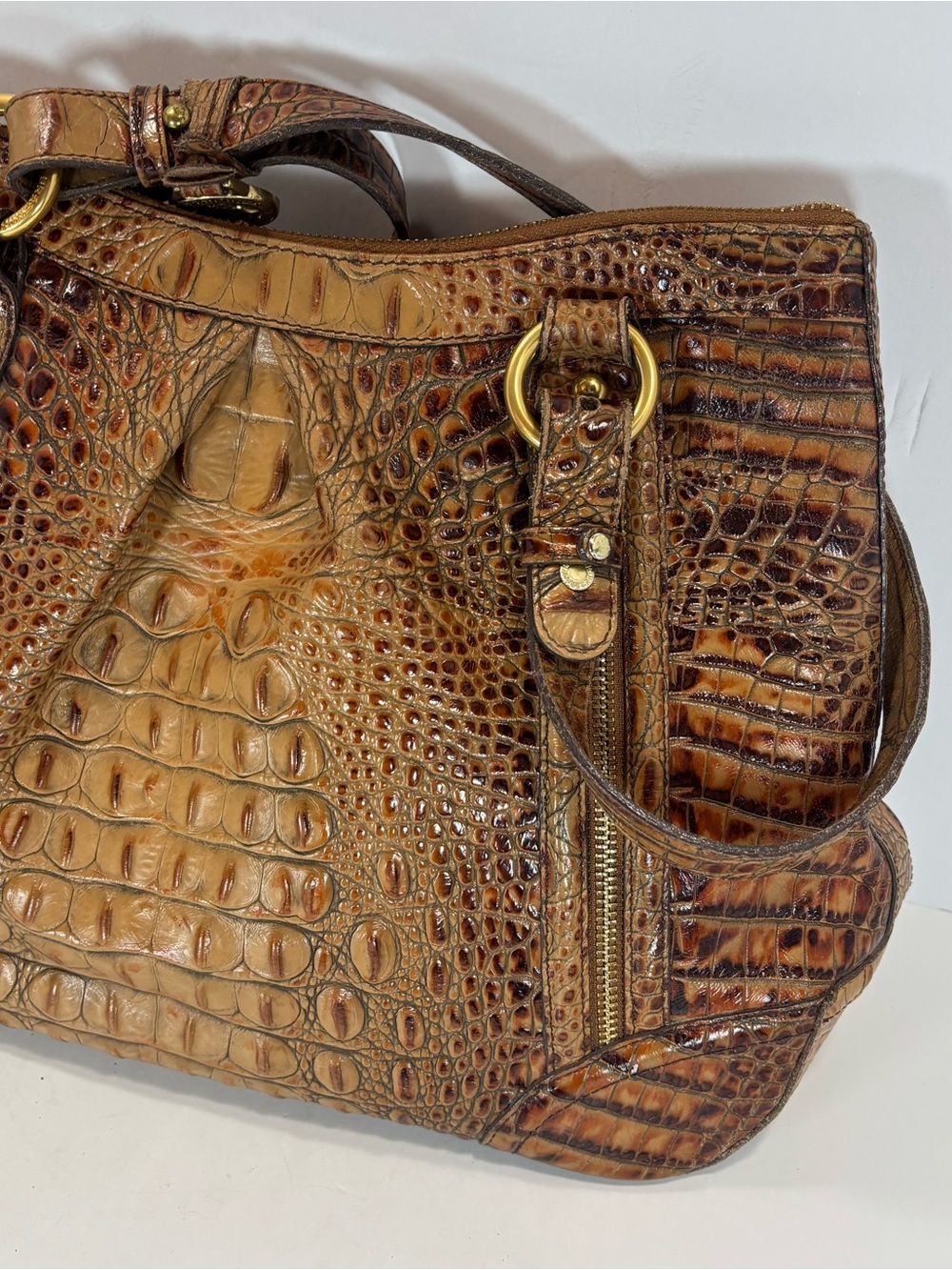 Brahmin Tan Belinda Croc Leather Embossed Hobo Bag Purse Designer Dual Pockets - Picture 3 of 12